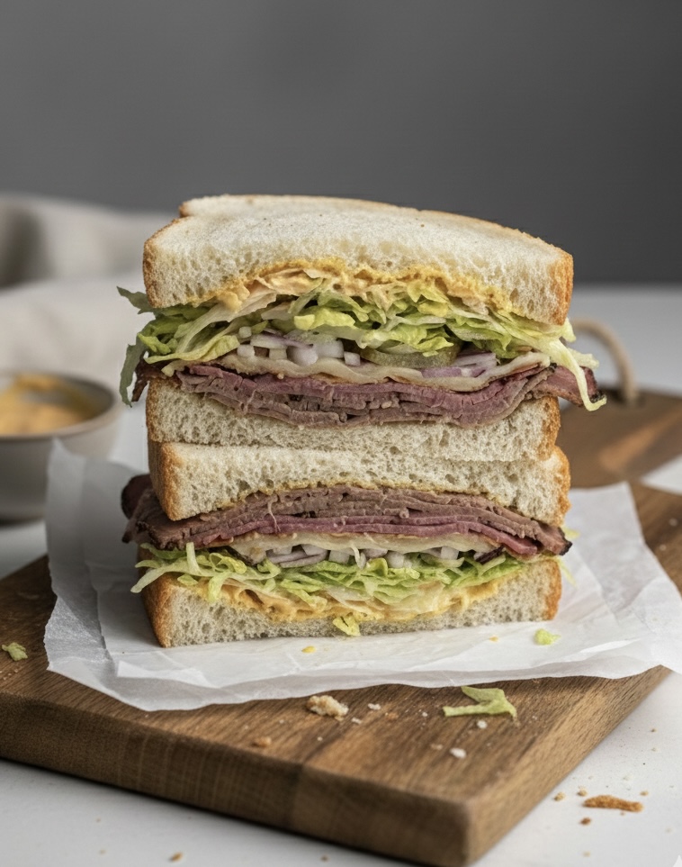 OB Deli signature sandwich stacked on cutting board