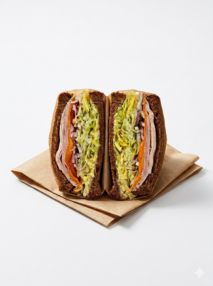 Ham sandwich on rye with shredded lettuce