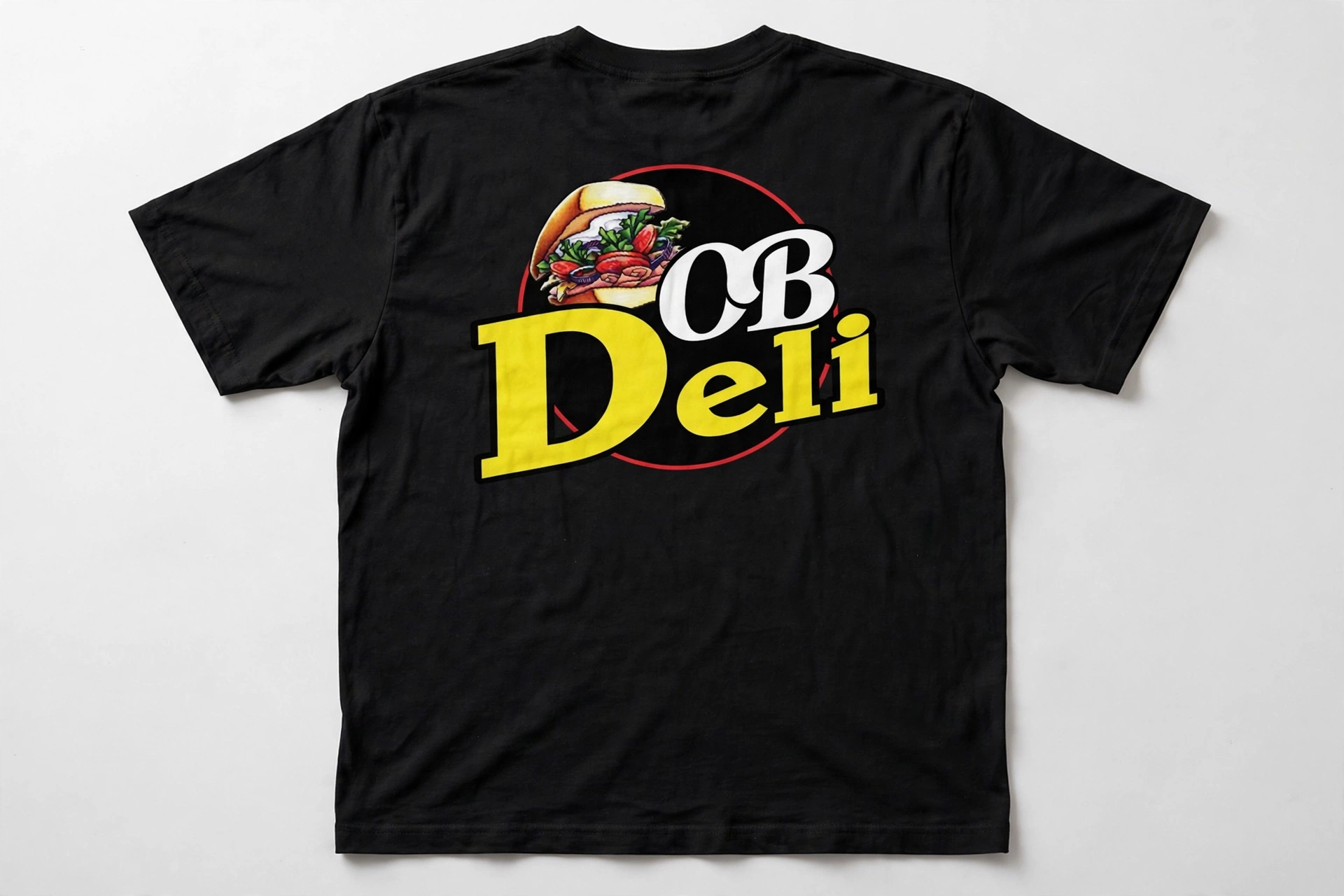Back: black OB Deli tee with large logo