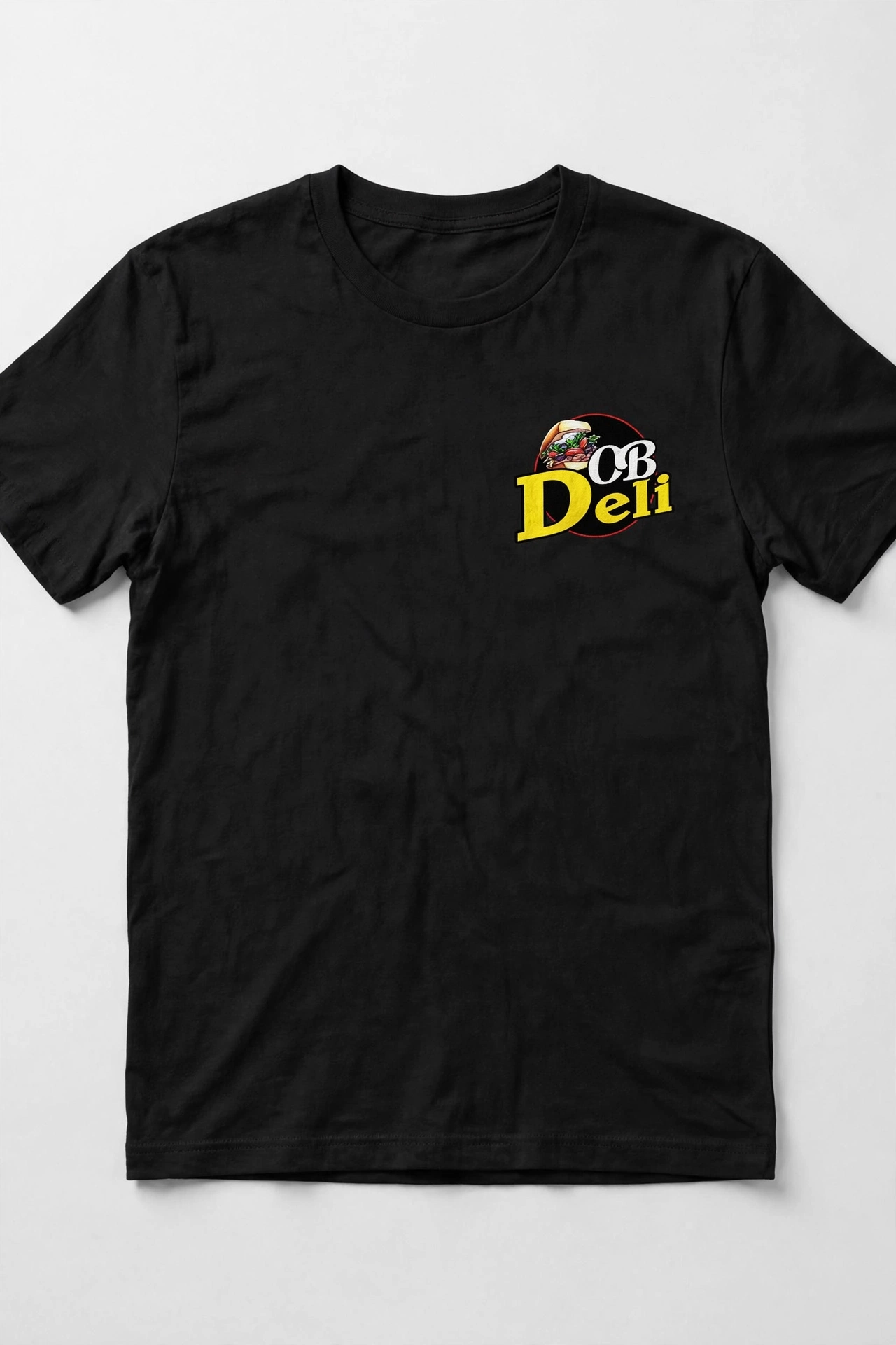 Front: black OB Deli tee with small logo on the left chest